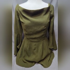 Essue Olive Green Off-the-Shoulder Bell Sleeve Romper – Size Medium